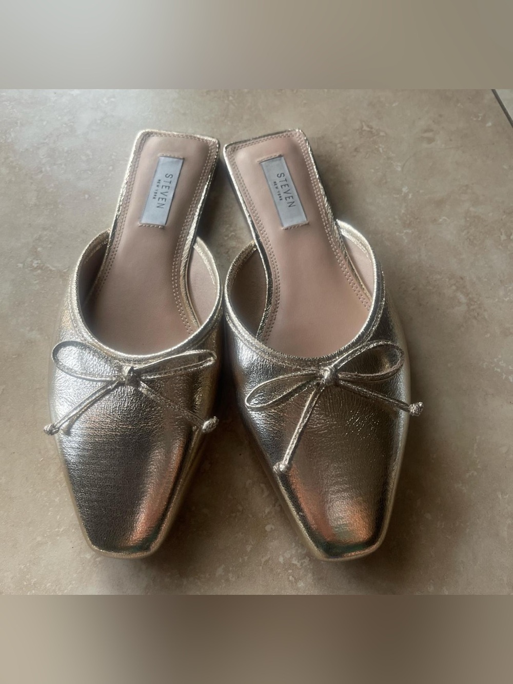 STEVEN by Steve Madden Metallic Gold Bow-Trim Slip-On Mules